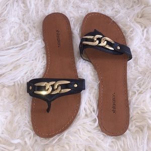 Black and gold chain sandals